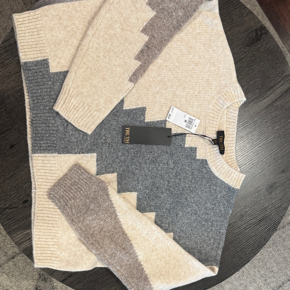 NWT TRUTH Neutral Geometric Colorblock Crewneck Sweater - Beige, Gray, Taupe - M